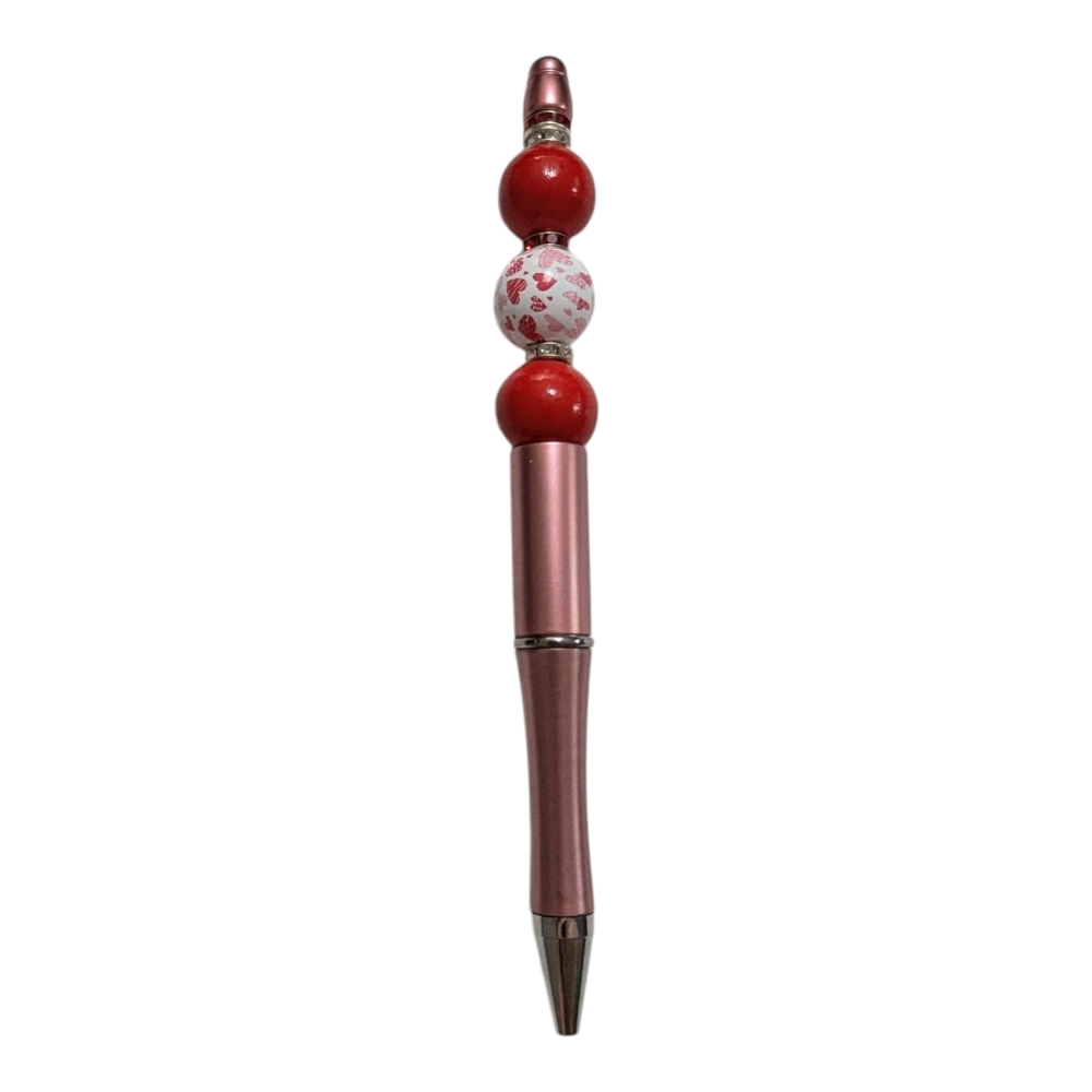 hand crafted Beaded Pen Pink red hearts rhinestones shiny NEW H-009